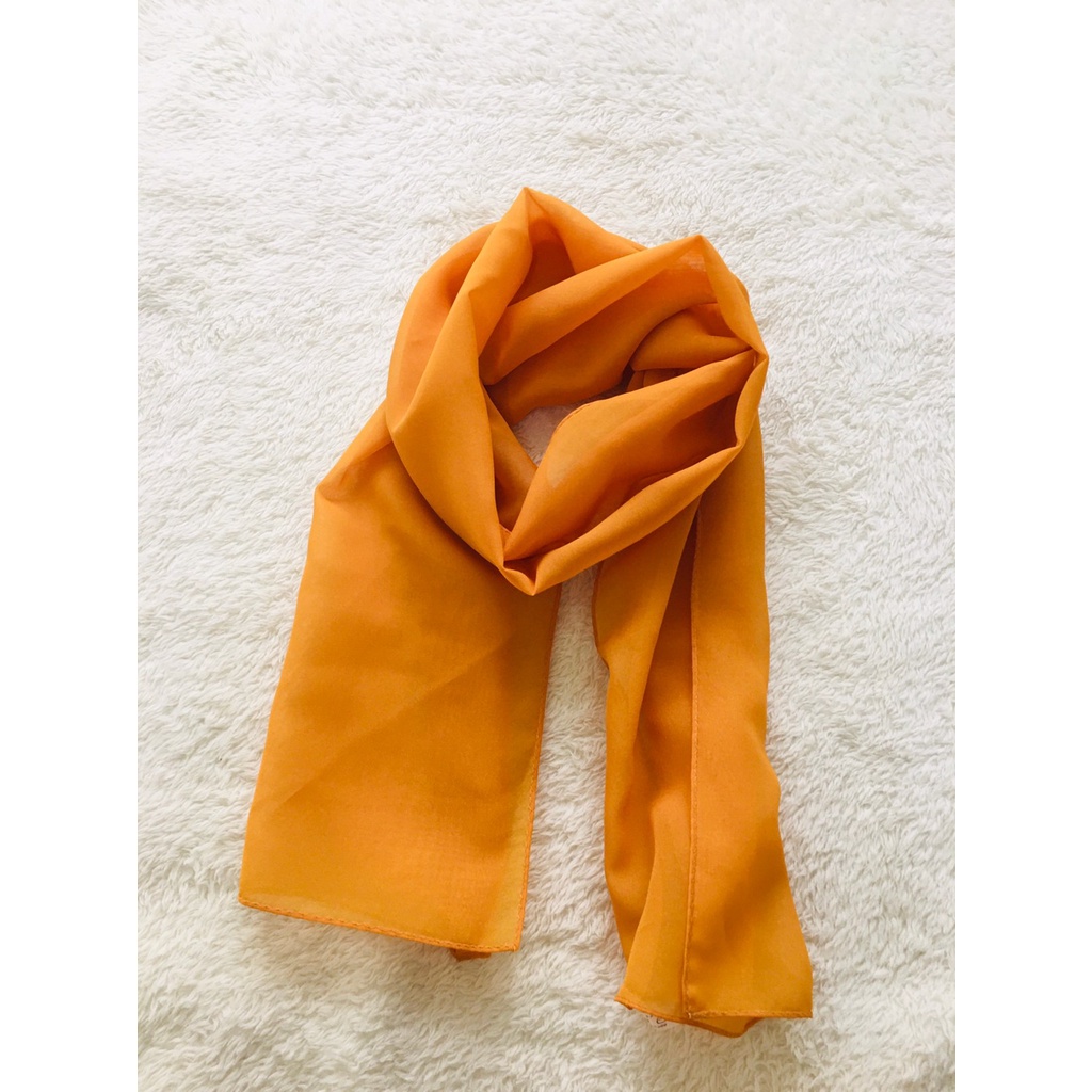 （二手）日本製 深芥黃 橘黃素色透光長版絲巾 絲質圍巾