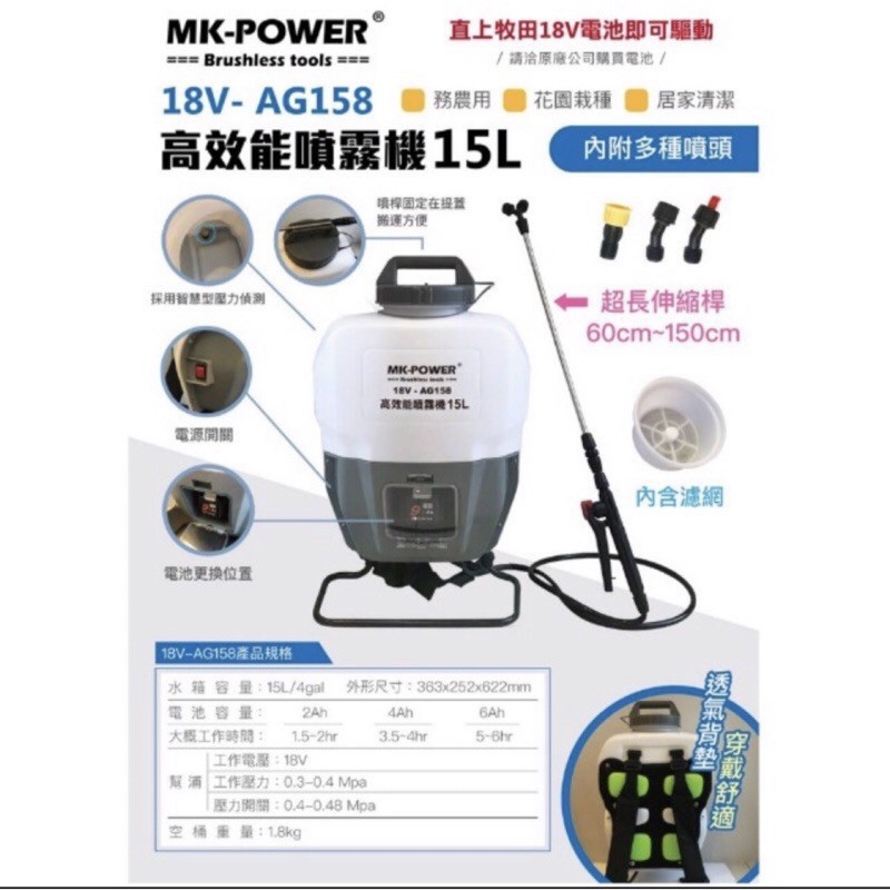 含税18V-AG158 高效能噴霧機 15L 花園栽種 居家清潔 直上牧田18V電池MK-POWER