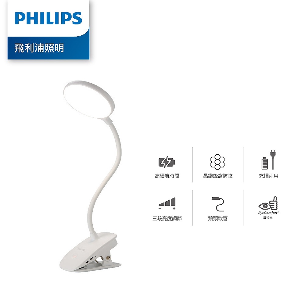 Philips 飛利浦 66149 酷炫 USB 充電夾燈 4000K自然光 LED檯燈 宿舍檯燈 (PD045)