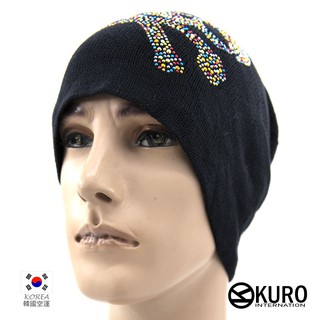 KURO-SHOP韓進口 黑色 彩色貼鑽骷髏頭 針織帽 扁帽 毛帽
