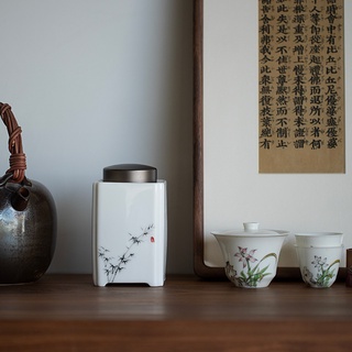 瑞陶陶瓷特賣純手繪墨竹茶葉罐家用四方白瓷茶倉錫蓋陶瓷防潮密封罐茶葉儲存罐