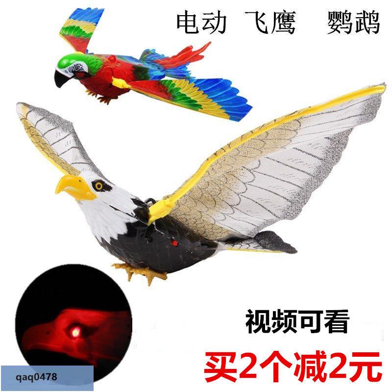 【出貨】仿真吊線電動飛鷹會叫有聲發光老鷹音樂鸚鵡電動飛鳥兒童動物玩具