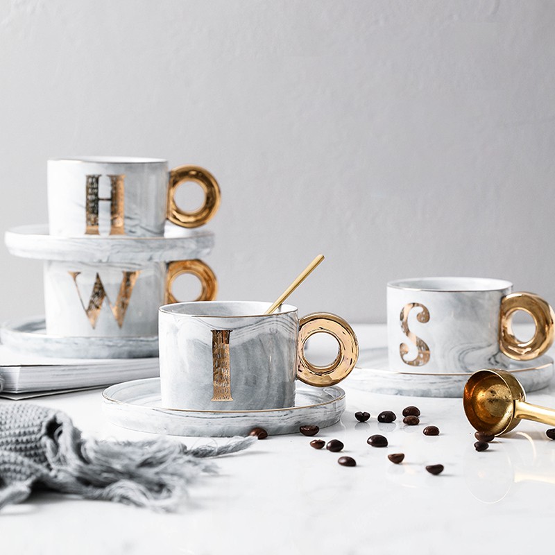 Miun 北歐風格輕奢金陶瓷大理石花紋咖啡杯碟套裝下午茶杯創意英語 蝦皮購物