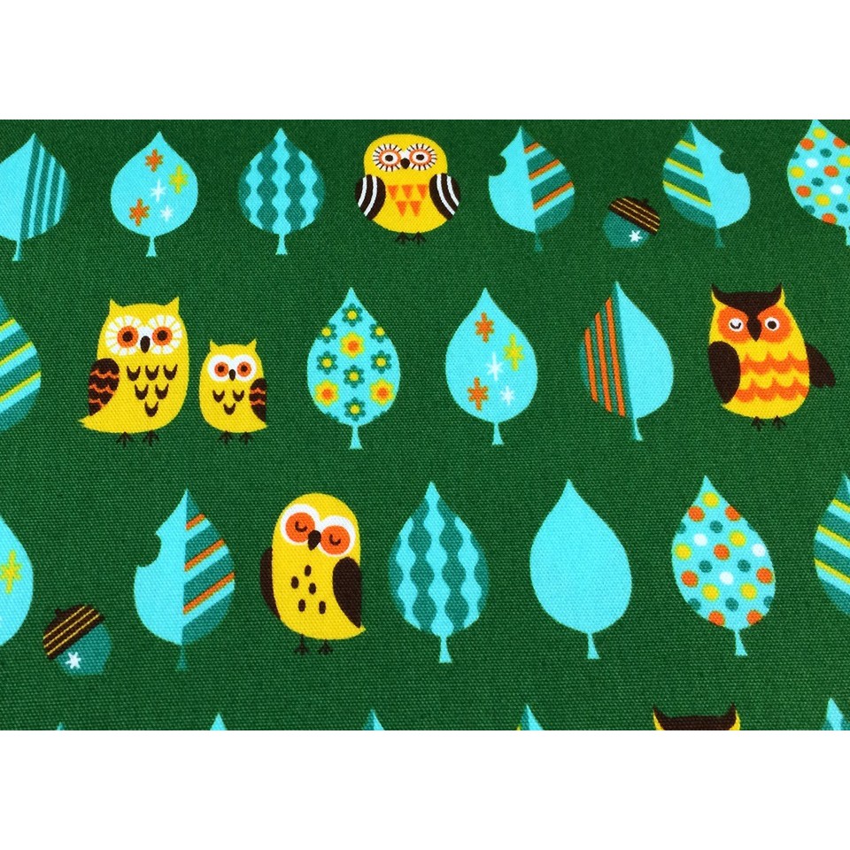 可做成水洗式口罩套～現貨-米米棉麻風--日本製造進口-北歐風貓頭鷹圖案棉布-綠