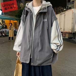 👉獨衣無二👈 三色入 M-2XL 高質感 純棉 薄款外套 灰色外套 夾克外套男 日系潮流原宿風假兩件工裝寬鬆休閒外套