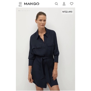 Mango正品 襯衫感顯瘦附綁帶長袖洋裝（深藍色XS號）