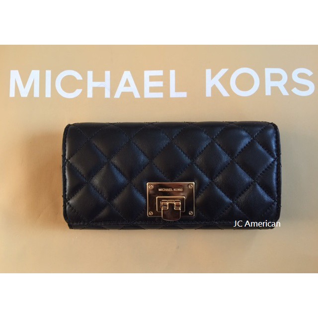 Michael Kors MK 黑色 菱格紋 真皮皮革 金色扣式 長夾 ~ 現貨在台