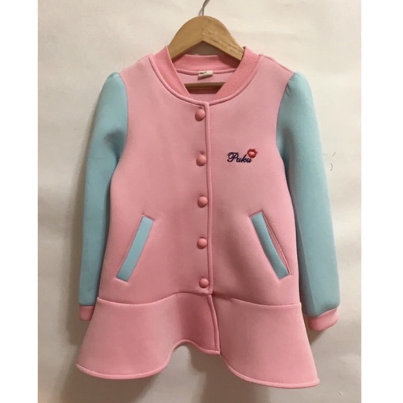 二手 PUKU 女童 太空棉洋裝外套 粉紅色 130公分 女孩太空棉長版外套 粉嫩配色傘裙襬