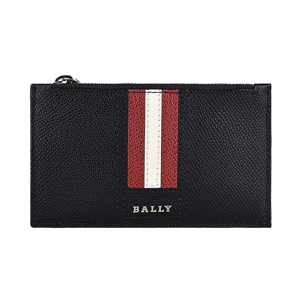 BALLY TENLEY銀字LOGO紅白紅條紋牛皮4卡拉鍊卡片夾(黑)