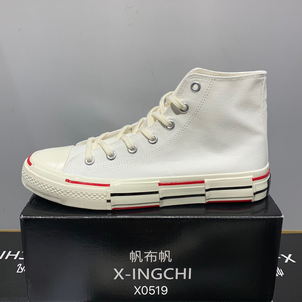 X-INGCHI 男女款白色拼接高筒帆布鞋-NO.X0519