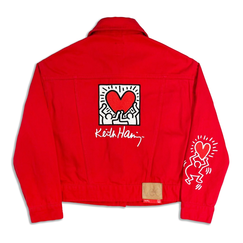 [稀有品] Lee x Keith Haring 經典聯名普普風小人愛心刺繡 胭脂紅女生牛仔外套 單寧夾克 S號