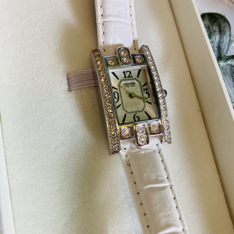 9.5成新現貨LIOORNE 長方形錶面鑲鑽錶帶真皮皮革淑女錶石英錶鑽錶