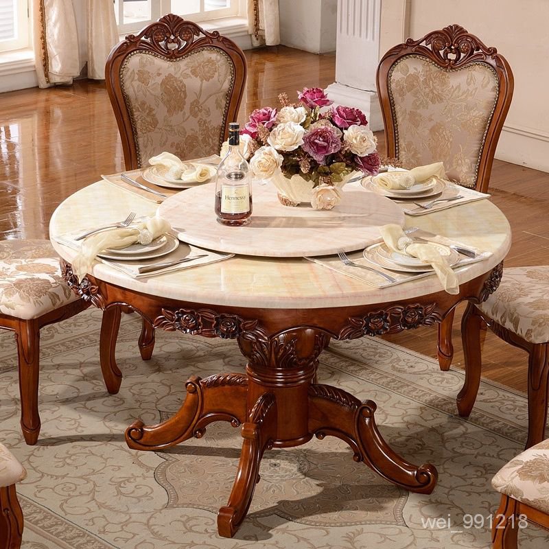 歐式豪華圓桌實木大理石餐桌餐桌一桌六椅組閤美式實木圓 SOKC