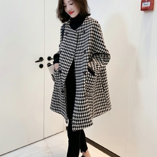 毛呢外套 開衫 風衣 大衣格子外套 大碼外套千鳥格呢子外套女中長款 鬥蓬外套 長版衣2F089.513胖胖美依