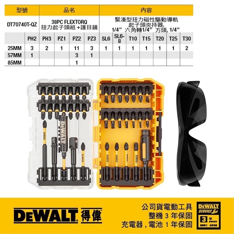 含稅 DT70740T 38件式高扭力起子頭組+護目鏡 公司貨 DEWALT 得偉 70740 起子組 起子頭