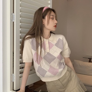 復古菱格polo領短袖T恤女薄款夏季新款設計感小眾針織上衣服