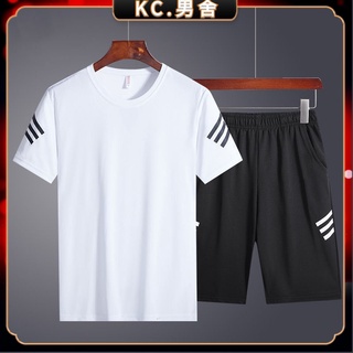 KC.兩件裝 短袖休閒套裝 速乾運動套裝 大碼男裝 跑步套裝 健身服 運動服 透氣 吸汗 彈力 男生衣著