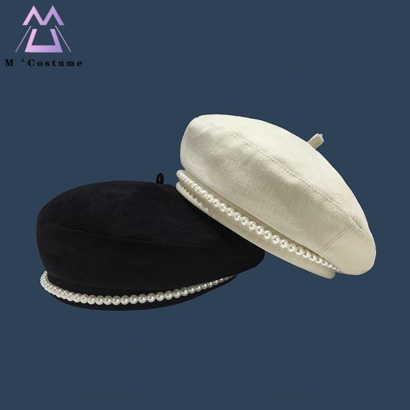 珍珠裝飾貝雷帽 畫家帽 法式貝雷帽 黑色M 極新二手