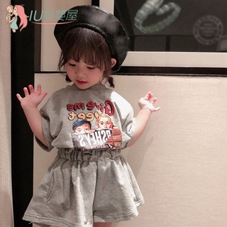 韓版女童短袖套裝 夏季新款 兒童可愛字母卡通短袖T恤 加褲裙 休閒兩件套【IU貝嬰屋】