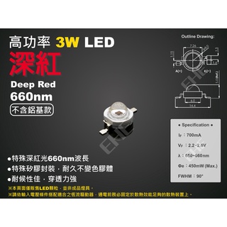 EHE】高功率3W 660nm深紅光LED顆粒【不含鋁基板】3H0RD。700mA，適搭深藍、全光譜等燈珠改裝海水燈