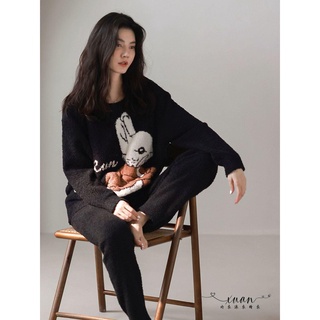 Xuan♥珊瑚絨睡衣女款秋冬季韓系長袖軟綿綿半邊絨保暖套裝比得兔家居服