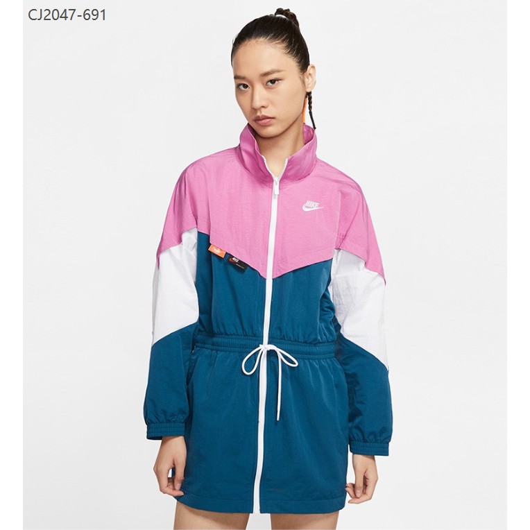 Nike 耐吉 風衣 女款  中長款 開衫 腰間抽繩CJ2047-691 立領風衣 粉藍色