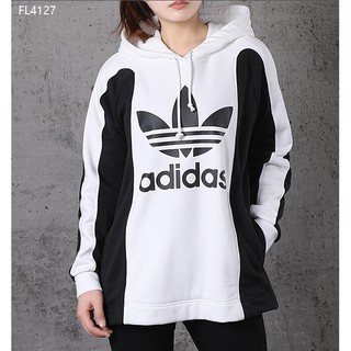 Adidas 愛迪達 三葉草 棒球衛衣連帽 黑白色三葉草logo圖案 長款版FL4127女款針織