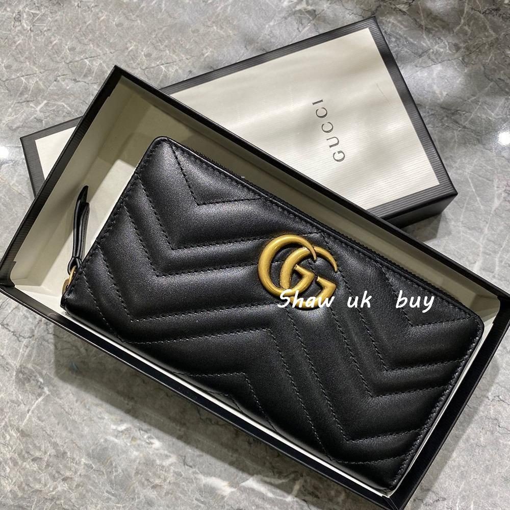 二手正品GUCCI 古馳 Marmont 雙G 經典黑色皮革 拉鏈 錢夾 長夾 皮夾 錢包 手拿包 443123 卡夾