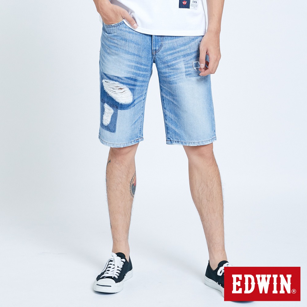 EDWIN 破壞五袋牛仔短褲(石洗藍)-男款