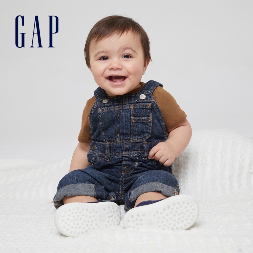 Gap 嬰兒裝 時尚水洗直筒型牛仔吊帶褲-藍色(546673)