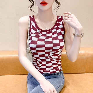 愛依依 上衣 小衫 背心 內搭 新款不規則格子圓領無袖針織背心女短款露腰修身顯瘦上衣T342-1664.
