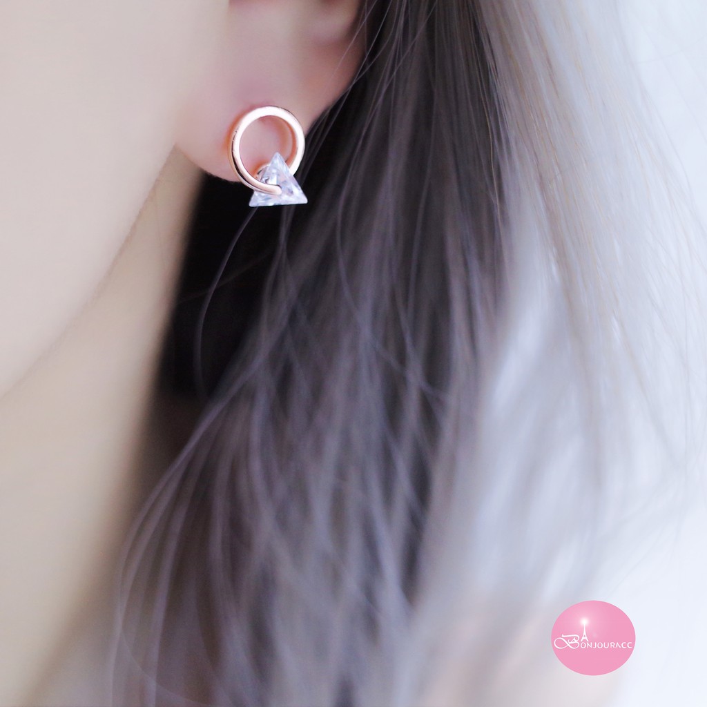 韓國 小圈鋯石三角鑽造型 925銀針 耳環【Bonjouracc】