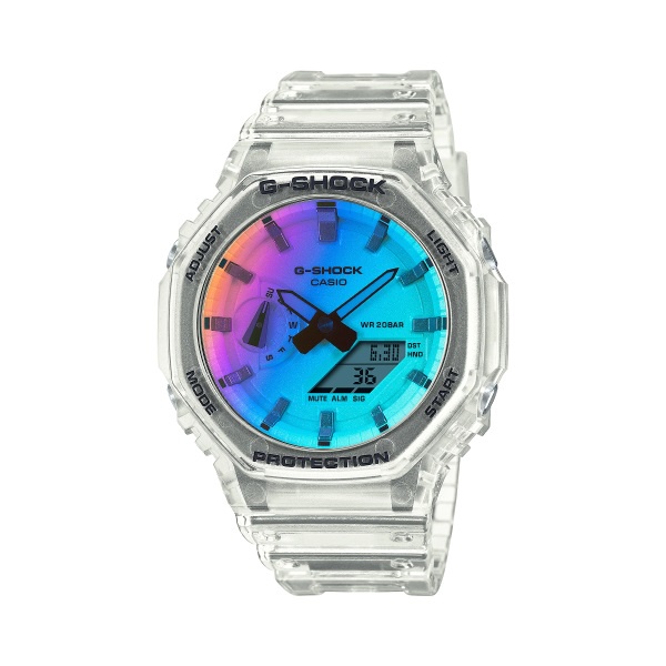 【CASIO G-SHOCK】彩虹玻璃漸變耐衝擊八角輕透運動數位腕錶-透明 GA-2100SRS-7A