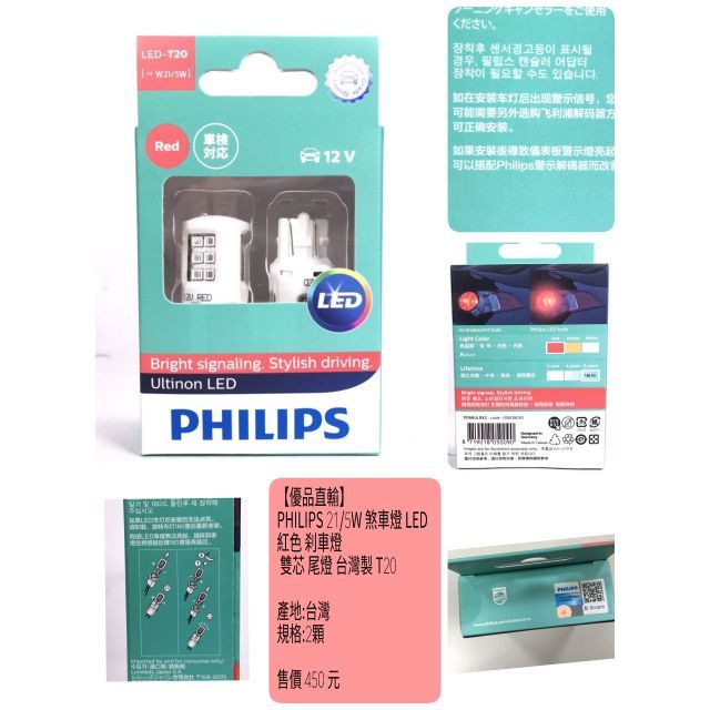 【優品直輸】
PHILIPS 21/5W 煞車燈 LED 紅色 刹車燈 雙芯 尾燈 台灣製 T20