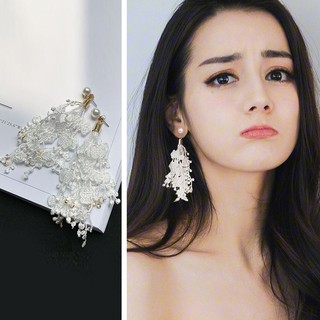CHIU.CHIU韓國耳環 氣質超仙蕾絲珍珠垂墜耳環女 名媛蓬鬆立體感長款耳釘耳飾飾品 女生配件