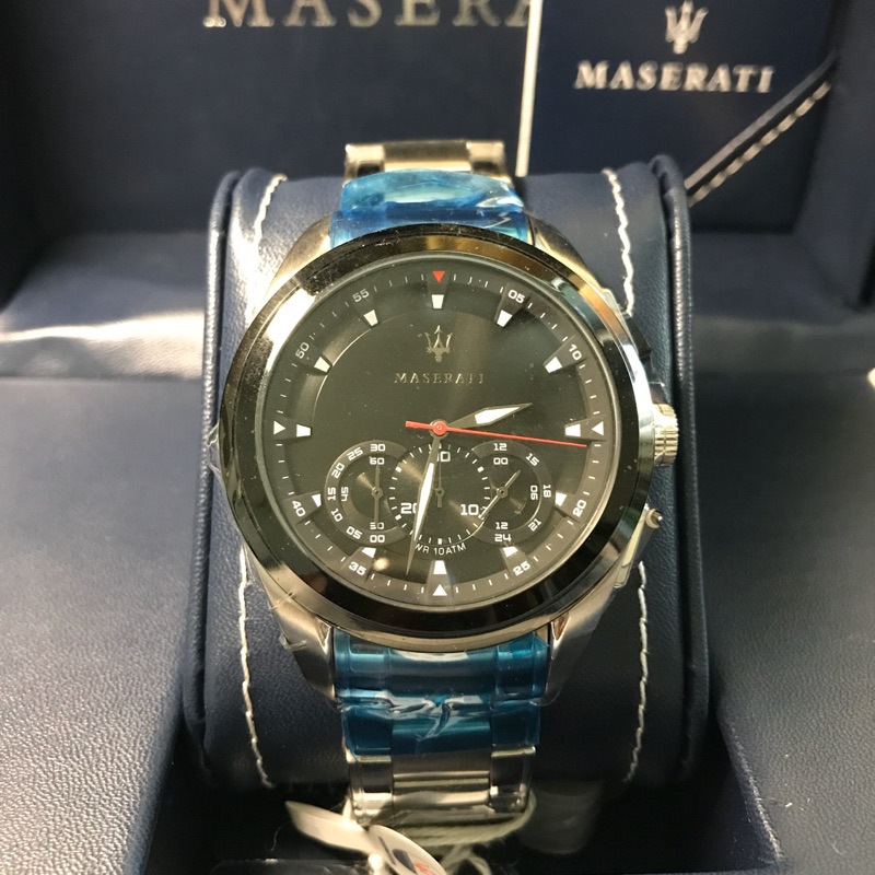 全新MASERATI瑪莎拉蒂下三眼計時腕錶不銹鋼外殼錶帶
