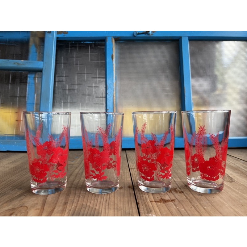 早期台灣 紅色花朵玻璃杯 老玻璃杯
