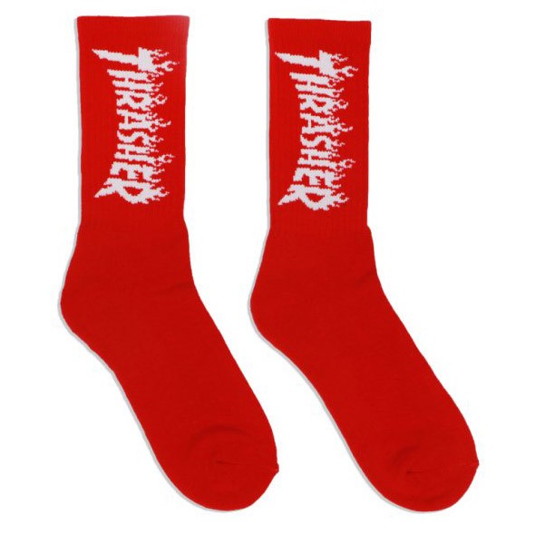 THRASHER 日線 TH0418-SK01 FLAME SOCKS 火焰文字 中筒襪 / 小腿襪 (紅色) 化學原宿