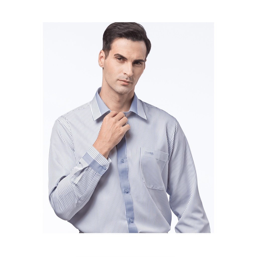 【儂禮士官方】白底藍條紋定位長袖襯衫/抗皺 吸濕排汗