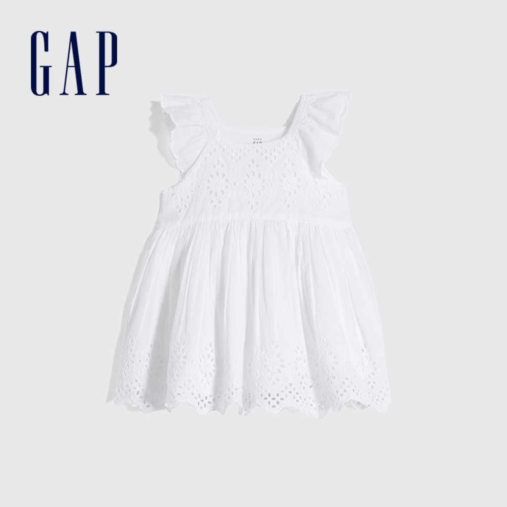 Gap 嬰兒裝 甜美風鏤空刺繡方領洋裝-白色(663326)