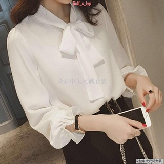 胖MM👗大尺碼女裝 大尺碼上衣 襯衫 2022新款春裝韓版大碼襯衫蝴蝶結公主袖百搭雪紡上衣系帶襯衣女●日韓大碼女裝