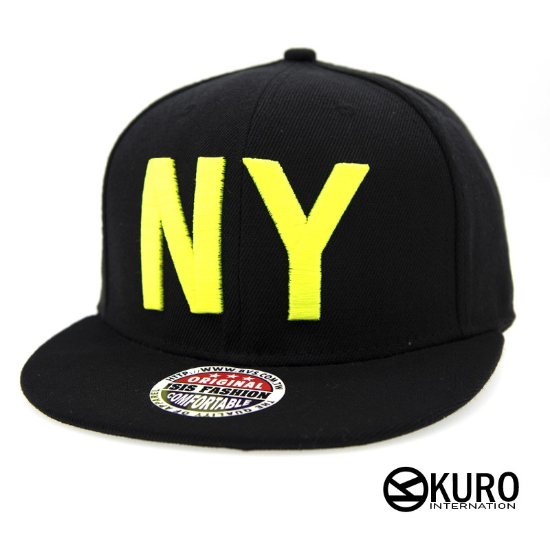 KURO-SHOP黑色NY螢光色電繡潮流板帽棒球帽