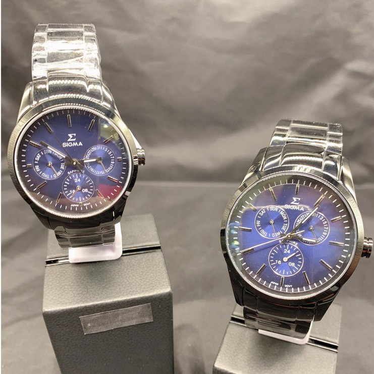 【SIGMA】簡約時尚 藍寶石鏡面三眼日期黑鋼腕錶 9815M-B13/9815B-B13 藍