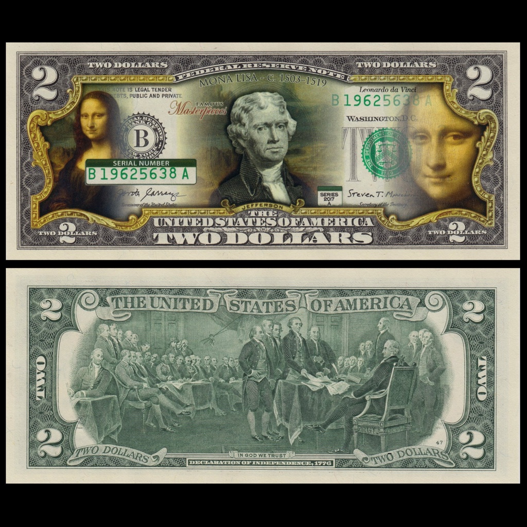 麥擱問阿 彩色版真鈔 達文西 蒙娜麗莎 2美元 名畫 李奧納多 義大利 美國 美金美元 混合塑料 鈔票 美國 非現行流通