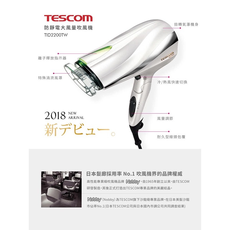 【TESCOM】防靜電負離子大風量渦流吹風機 TID2200TW(珍珠白)