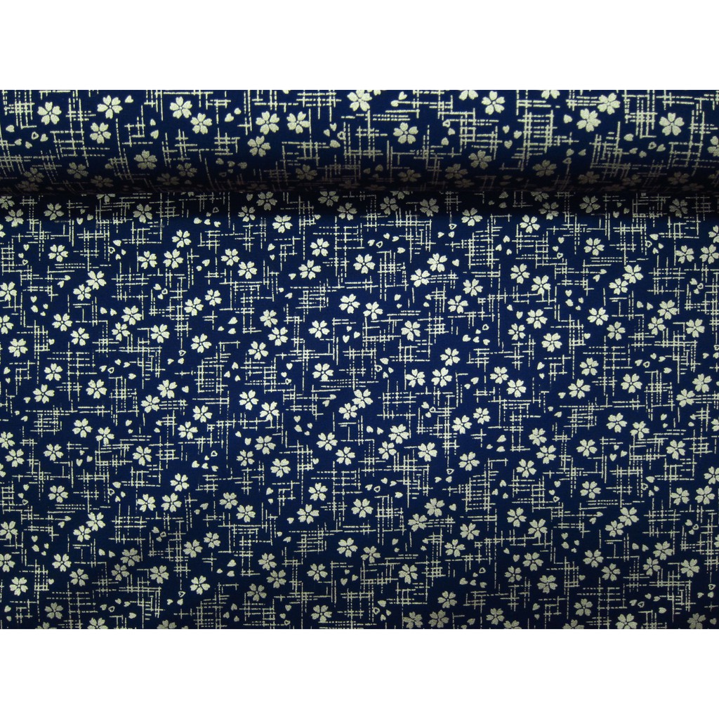 台灣製平織綿布-金蔥和風千本櫻-深藍底(100%純綿、台灣製造)