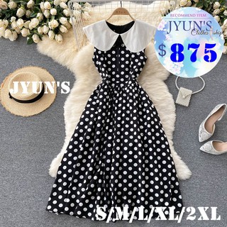JYUN'S 夏季新款法式氣質甜美收腰顯瘦大波點點翻領修身中長款減齡初戀裙子無袖洋裝連身裙大尺碼1色S~2XL預購