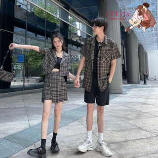 【COUPLE】情侶裝🔥🔥夏季2022格子新款短款半身裙套裝男襯衫青少年學院風