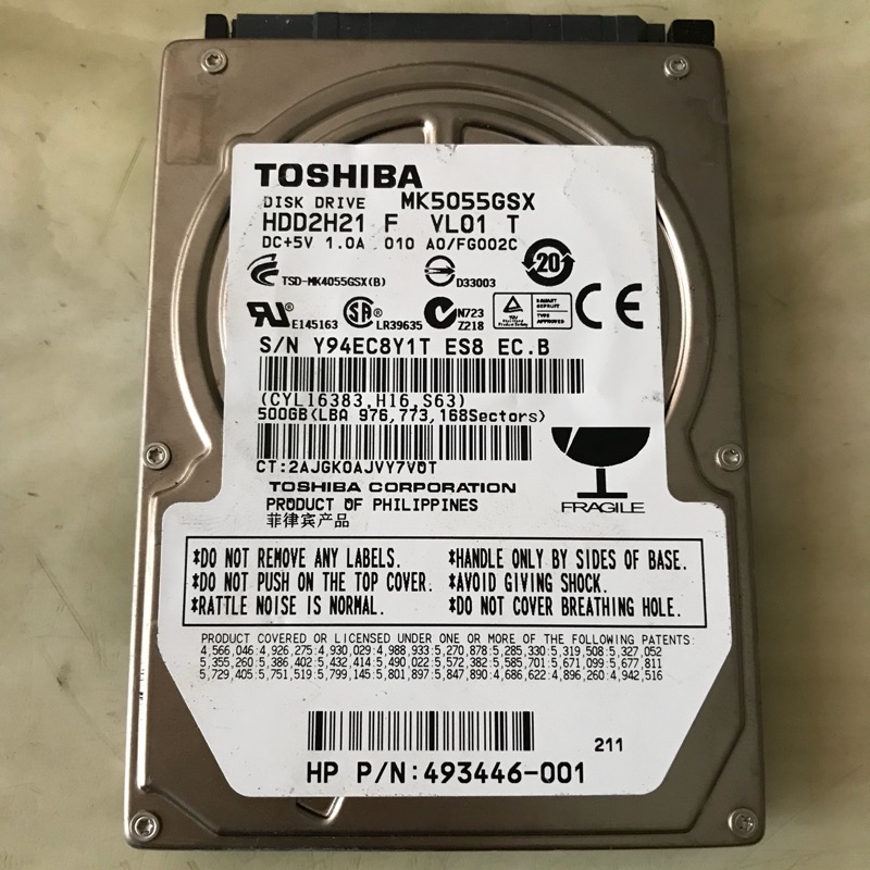 二手 TOSHIBA 2.5吋硬碟 500GB，筆電用，保證良品，無壞軌，個保一個月，sata，特賣600元