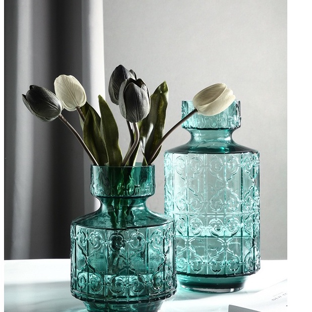 #熱銷#貝漢美北歐玻璃花瓶擺件客廳插花輕奢透明藍色水培桌面家居裝飾 f6mC